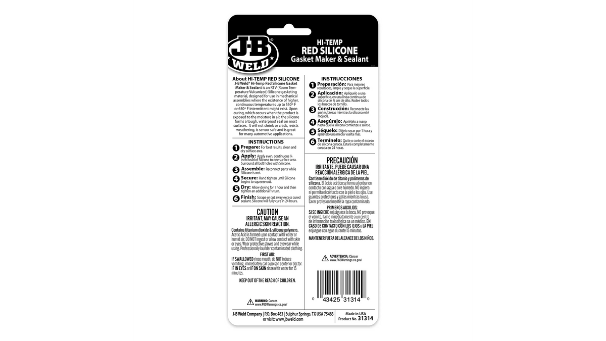 JB Weld Hi Temp Red Silicone Gasket Maker and Sealant 85g JB31314