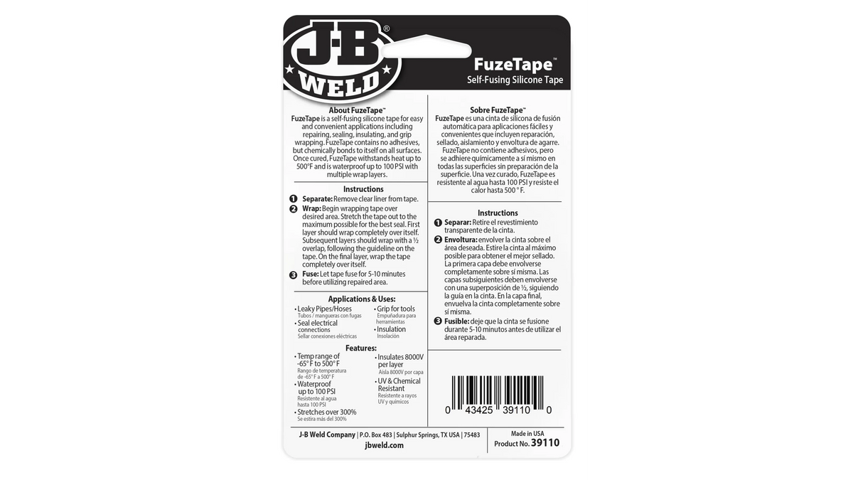 JB Weld Fuze Tape Self-fusing Silicone Tape 25.4mm x 3.05m JB39110