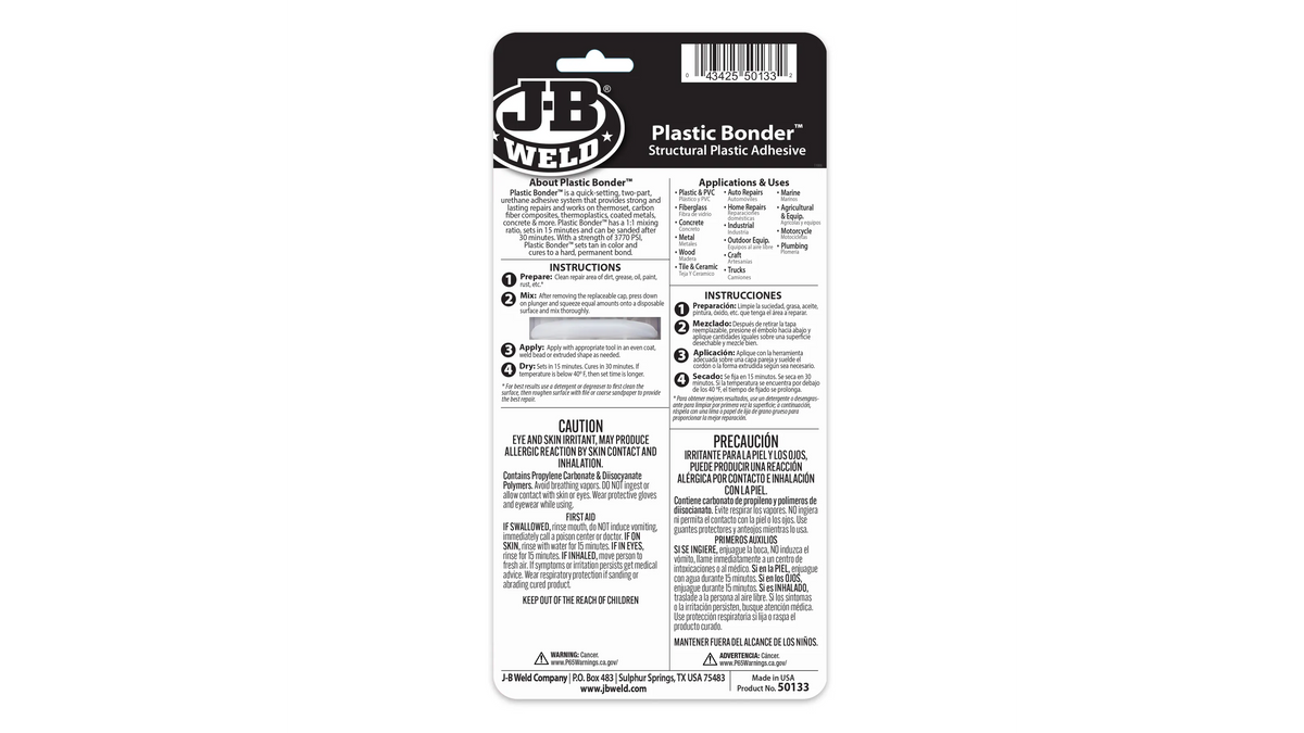 JB Weld Plastic Bonder Syringe Quick Setting Adhesive 25ml JB50133