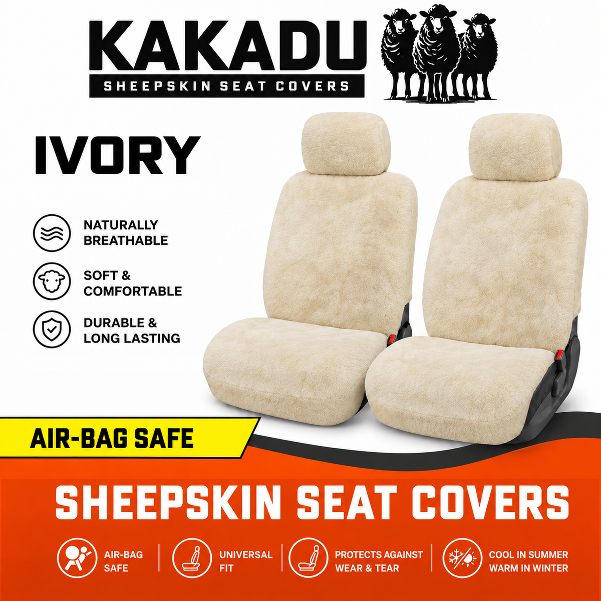 KAKADU Select Universal Sheepskin Front Seat Covers NISSAN LEAF ZE1 HATCH 10/2017-2026 5 Colours Available