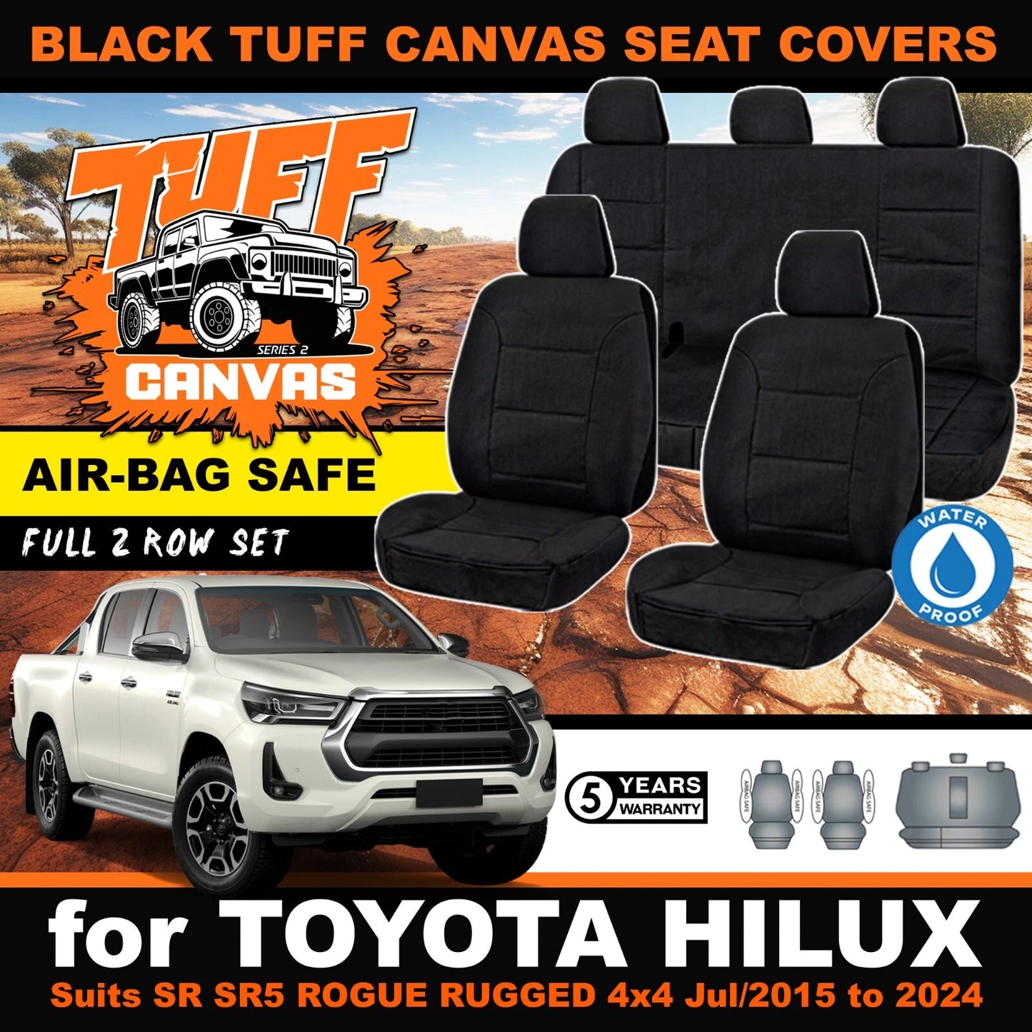 TUFF CANVAS S2 BLACK Seat Covers 2 Rows for Toyota Hilux Rugged Dual Cab 2015-8/2025