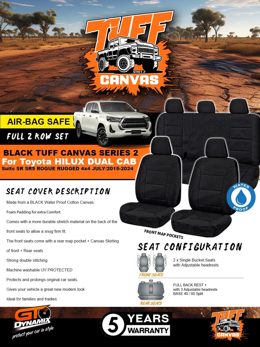 TUFF CANVAS S2 BLACK Seat Covers 2 Rows for Toyota Hilux Rugged Dual Cab 2015-8/2025