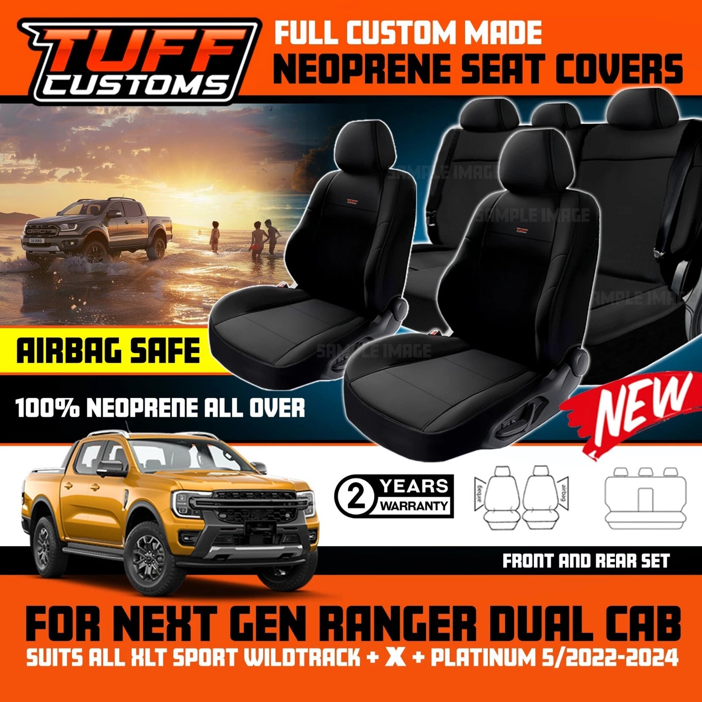 TUFF Customs Neoprene Seat Covers FORD RANGER NEXT GEN SPORT WILDTRACK 2022-2026