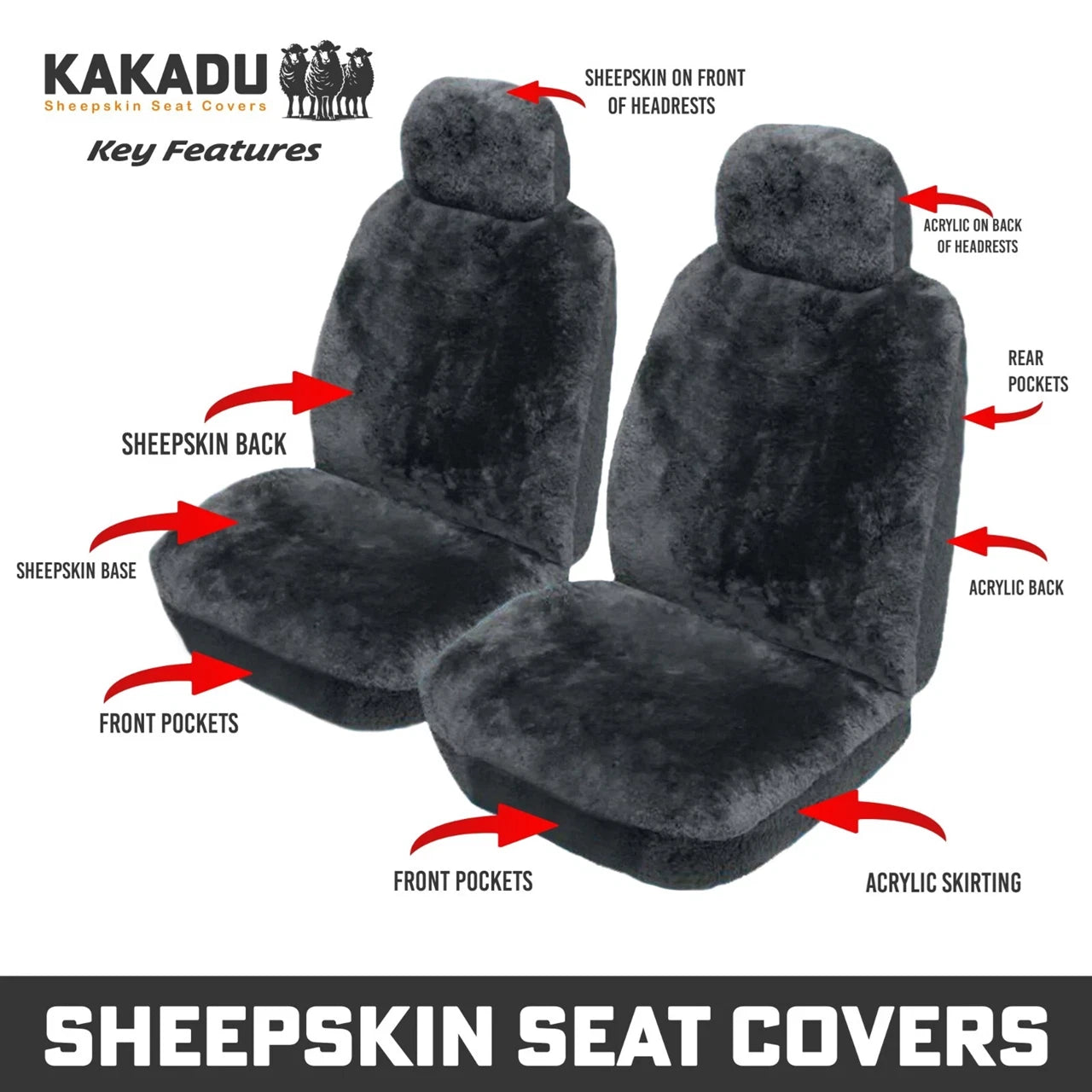 KAKADU Swagman Universal Front Sheepskin Seat Covers 2 Year Warranty 19mm AIRBAG SAFE 2 Colours