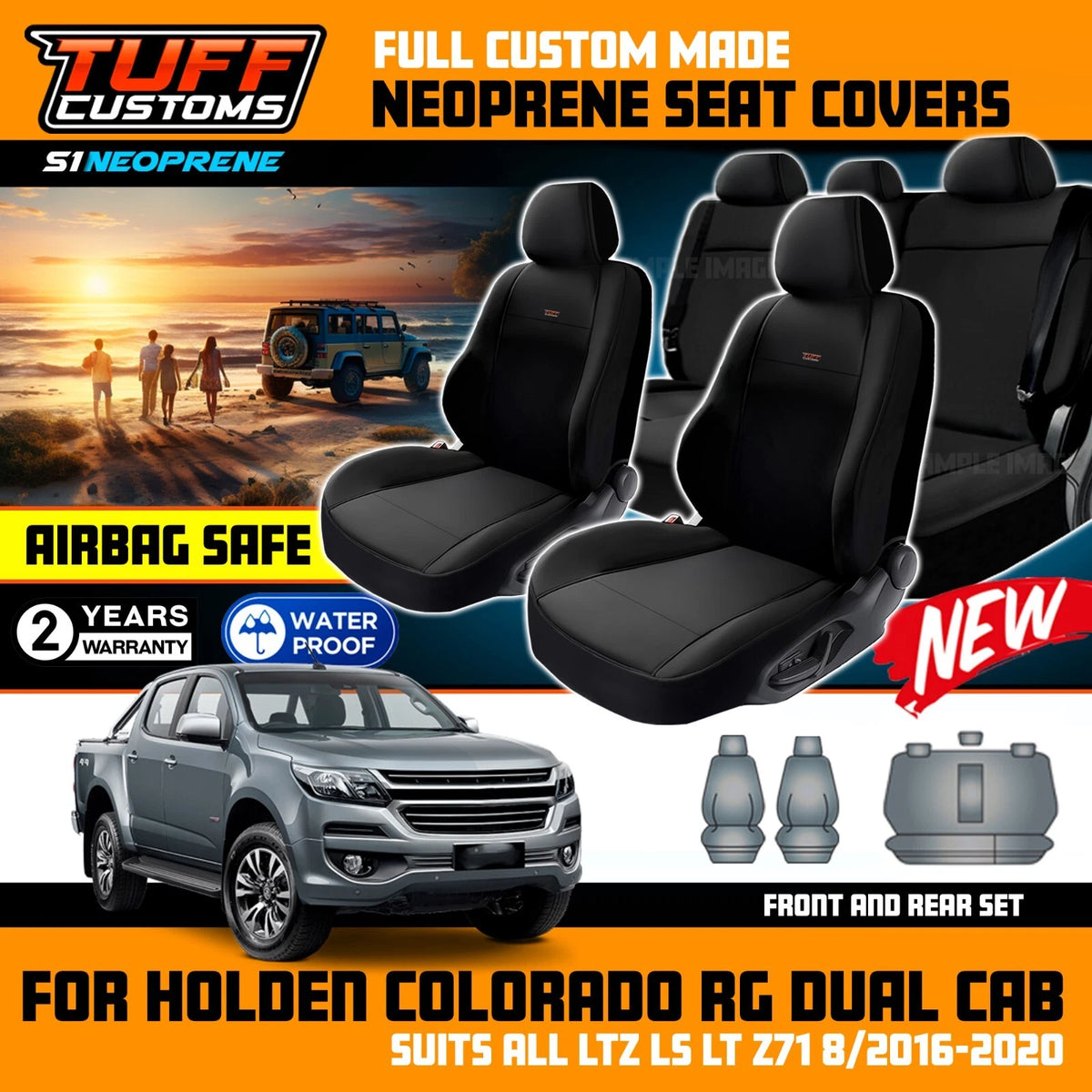 Tuff Customs Neoprene Seat Covers S1 For Holden RG Colorado LTZ LZ LT 8/2016-2020 2 Rows Black
