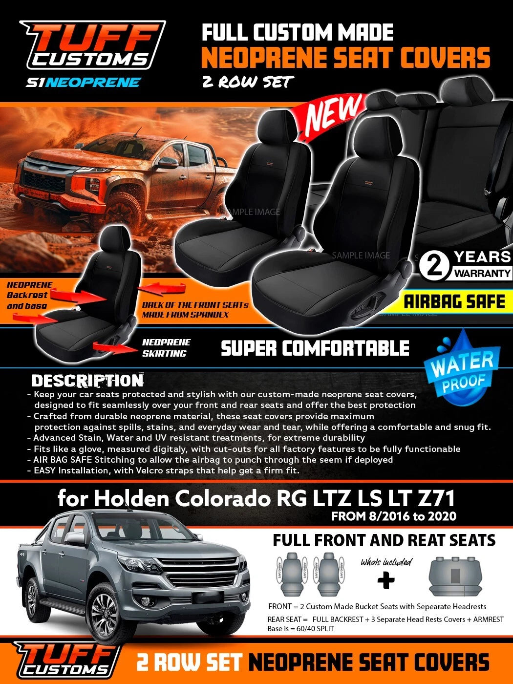 Tuff Customs Neoprene Seat Covers S1 For Holden RG Colorado LTZ LZ LT 8/2016-2020 2 Rows Black