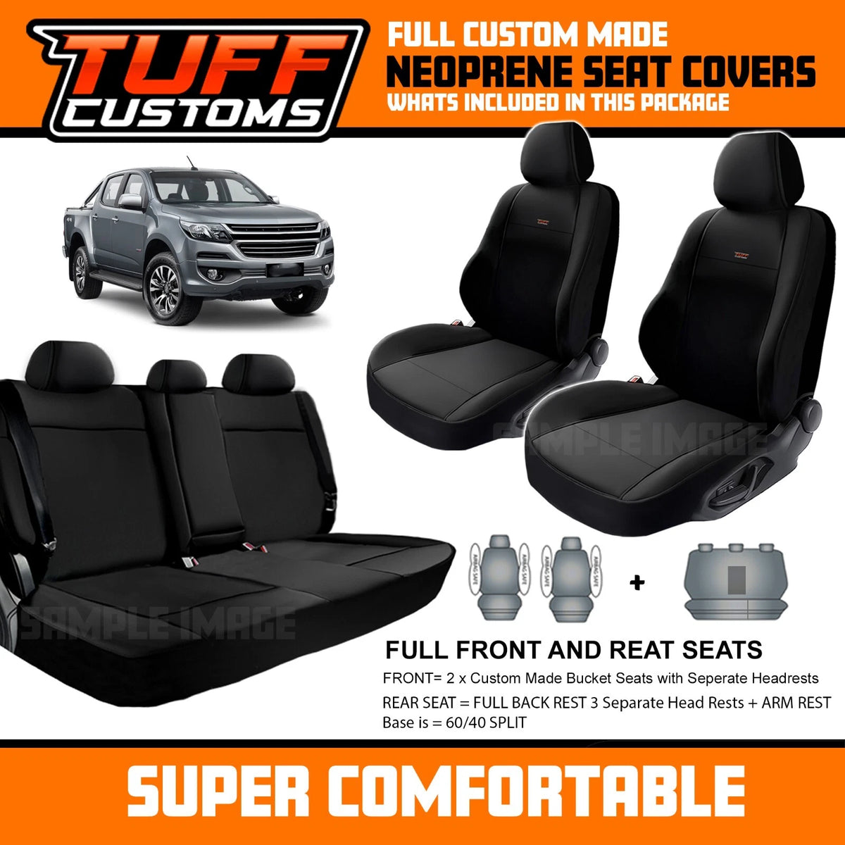 Tuff Customs Neoprene Seat Covers S1 For Holden RG Colorado LTZ LZ LT 8/2016-2020 2 Rows Black