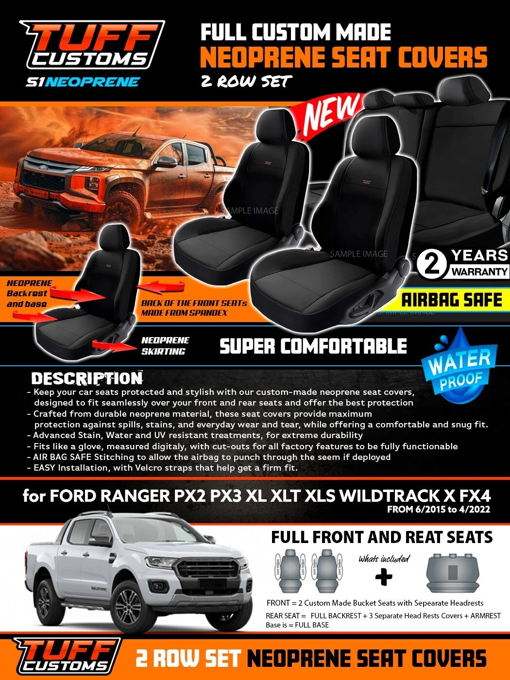TUFF Customs Neoprene Seat Covers S1 Ford RANGER PX2 PX3 XLT SPORT Wildtrack 6/2015 - 4/2022