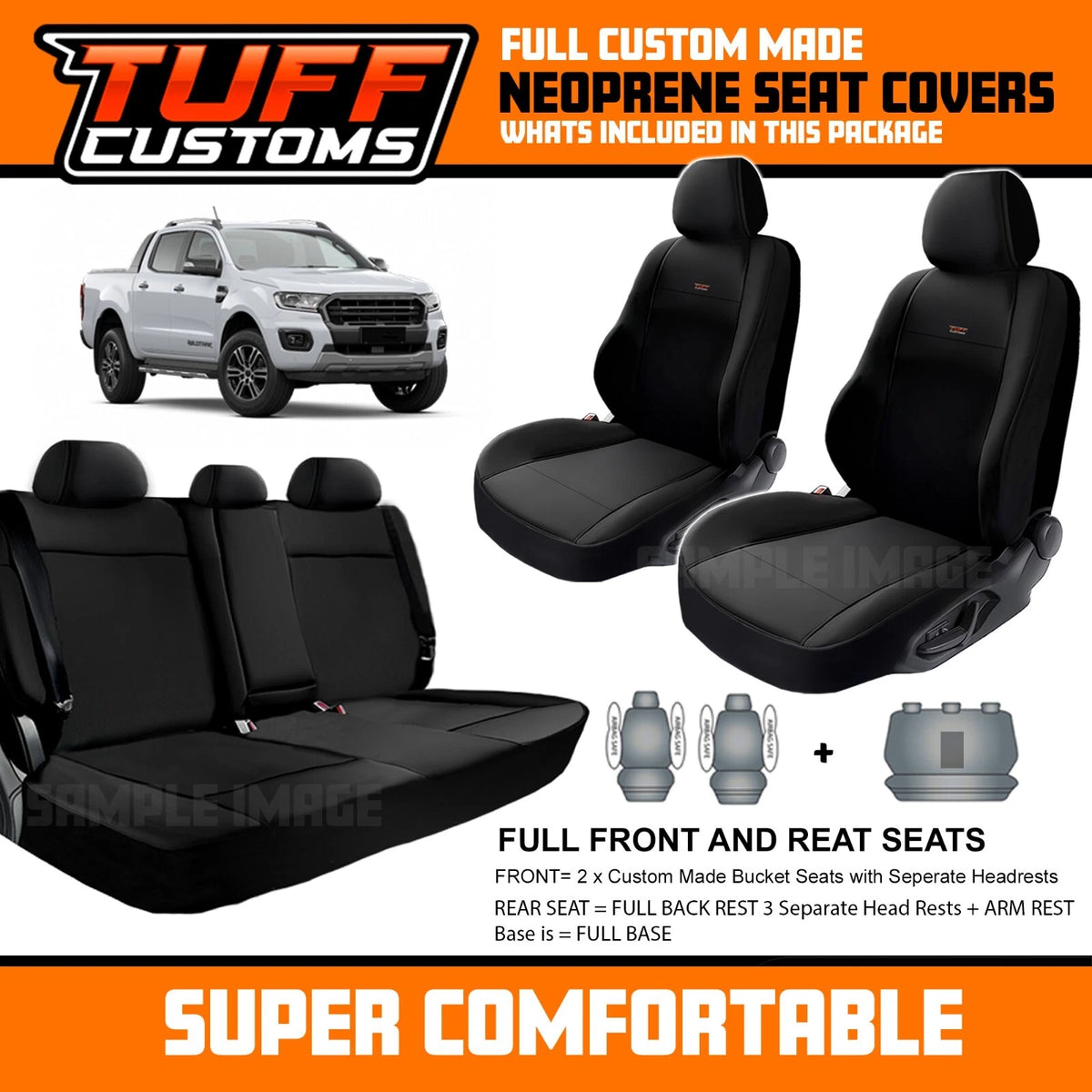 TUFF Customs Neoprene Seat Covers S1 Ford RANGER PX2 PX3 XLT SPORT Wildtrack 6/2015 - 4/2022