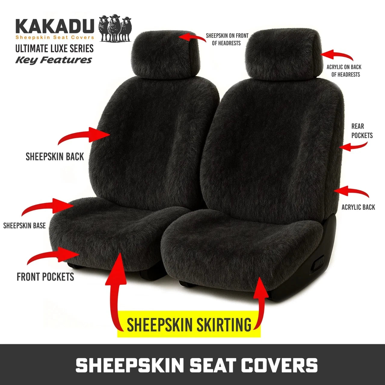 KAKADU Ultimate Universal Sheepskin Seat Covers 6 Year Warranty 30mm AIRBAG Safe 5 Colours