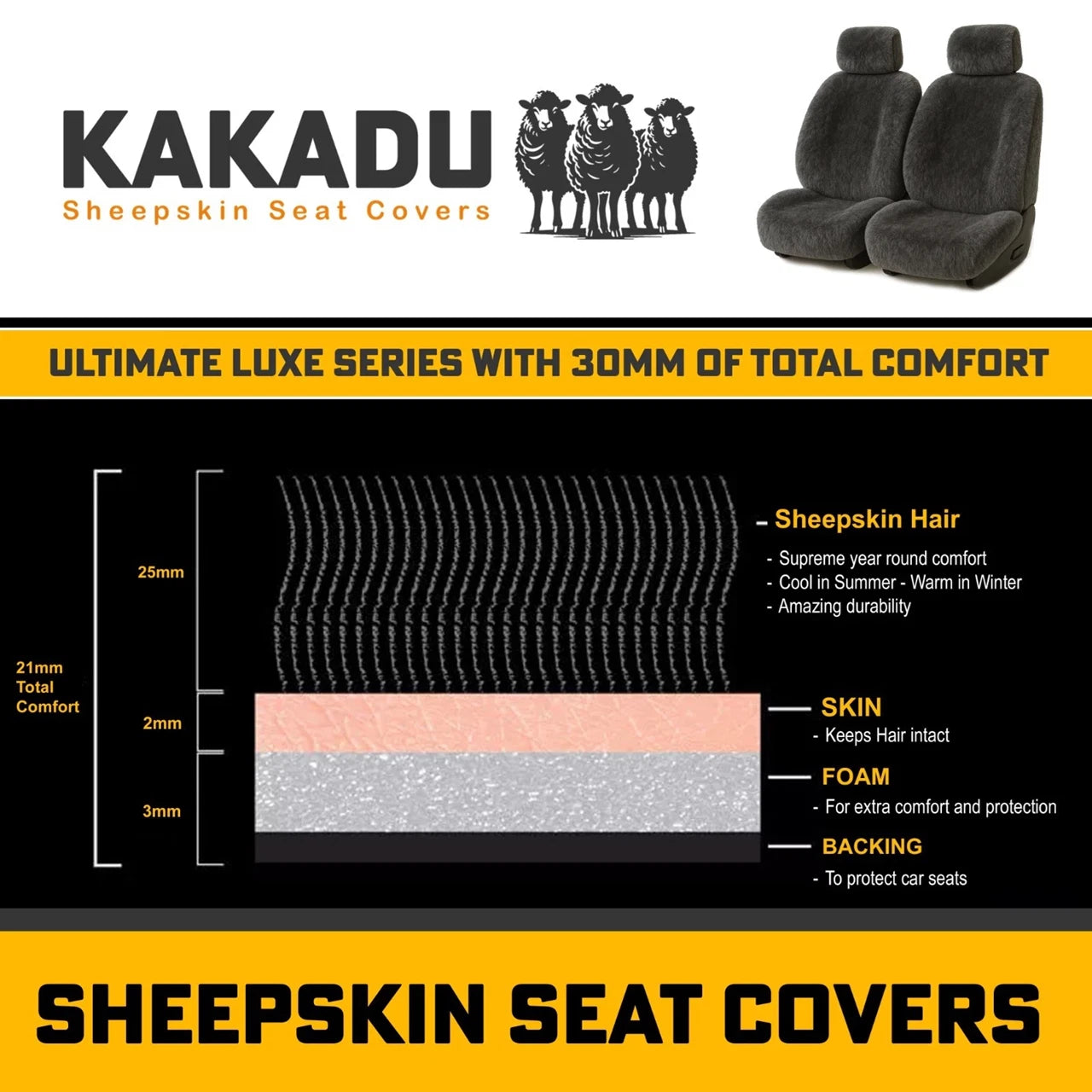 KAKADU Ultimate Universal Sheepskin Seat Covers 6 Year Warranty 30mm AIRBAG Safe 5 Colours