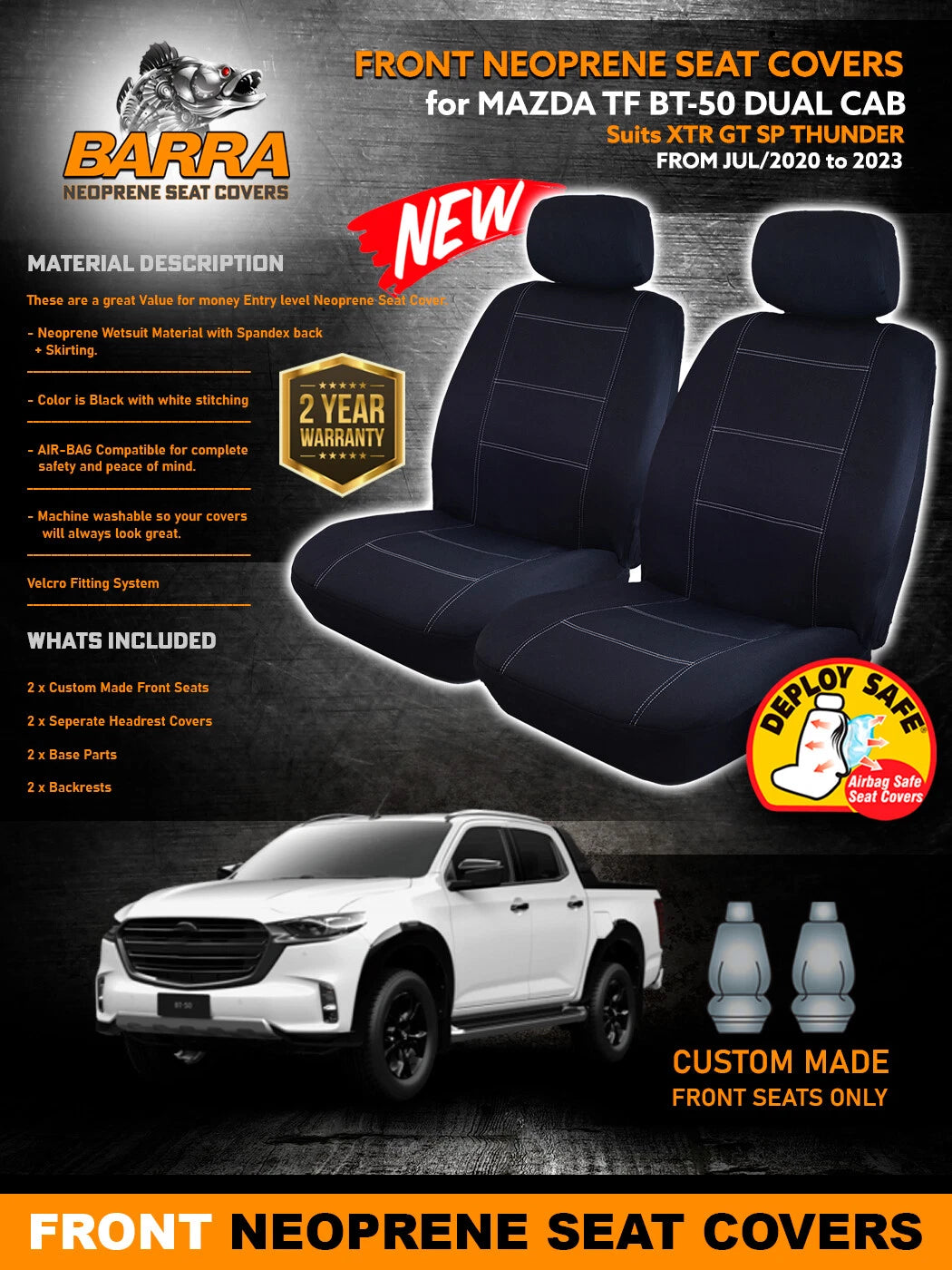 FRONT BARRA Neoprene Seat Covers Mazda TF BT-50 XTR GT SP Thunder 2020-2026