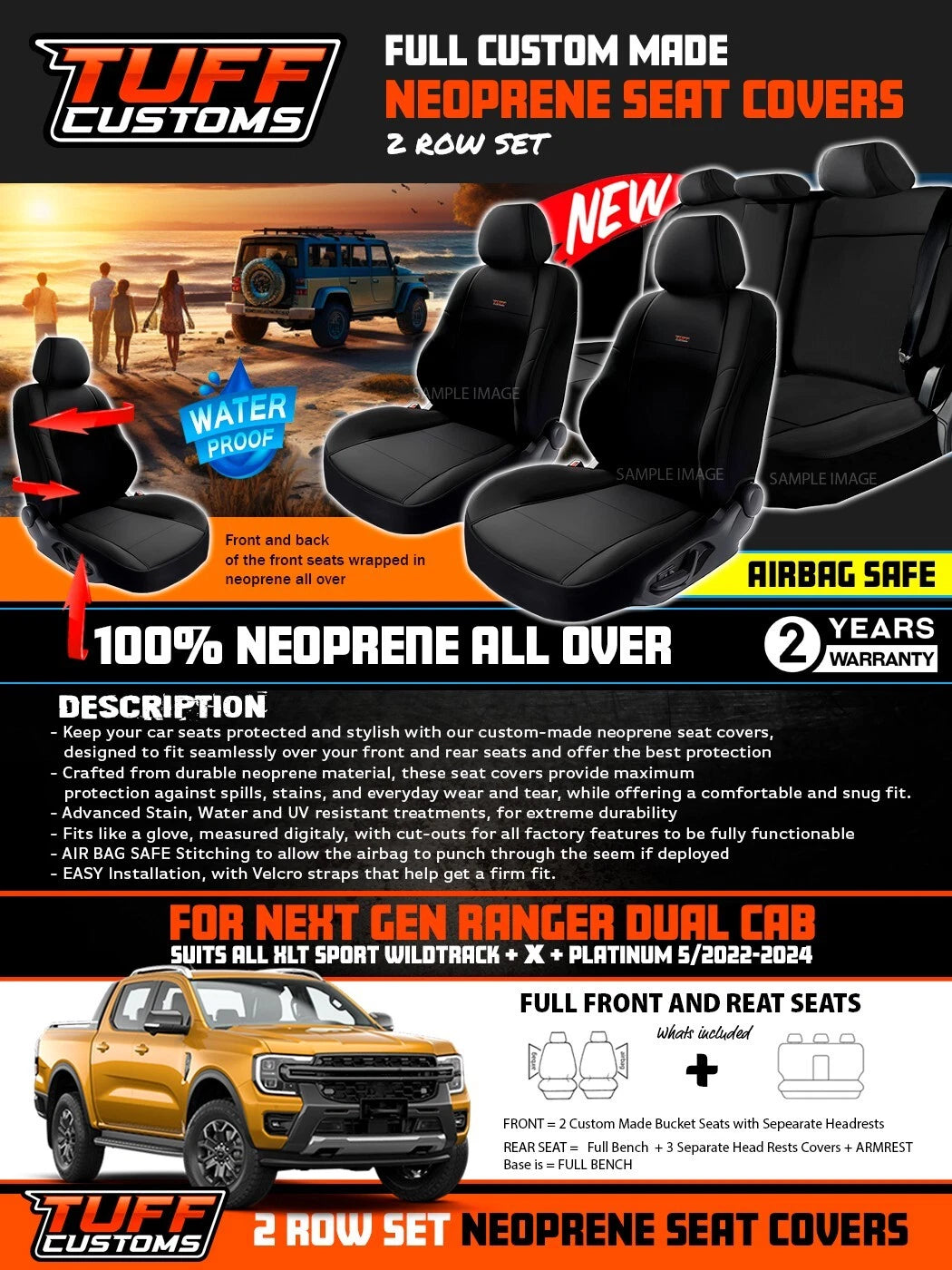 TUFF Customs Neoprene Seat Covers FORD RANGER NEXT GEN SPORT WILDTRACK 2022-2026