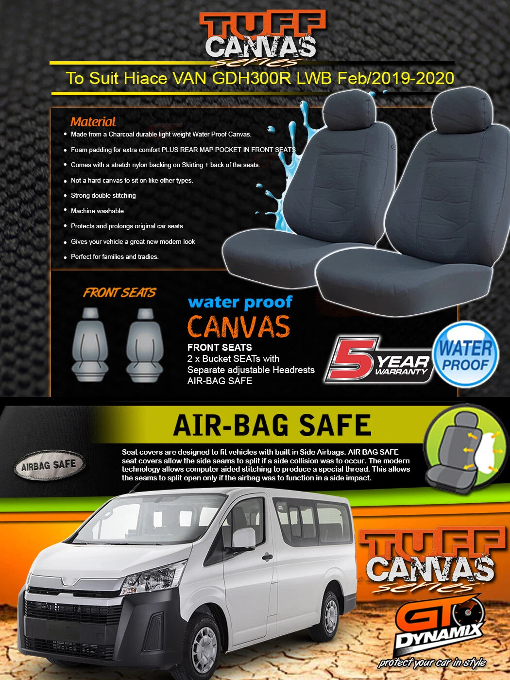 TUFF Canvas Front Seat Covers For TOYOTA HIACE VAN LWB SLWB GDH300R 2/2019-2026 Charcoal
