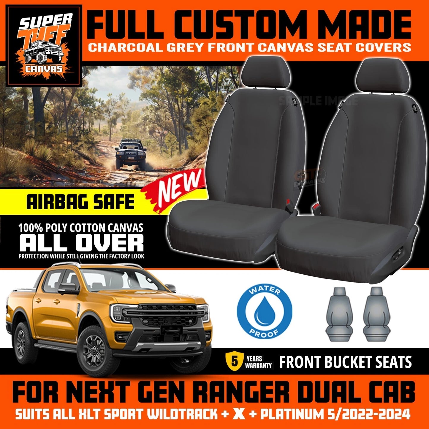 SUPERTUFF Charcoal Front Canvas Seat Covers Ford NEXT GEN RANGER XLT SPORT Wildtrack 2022-2026