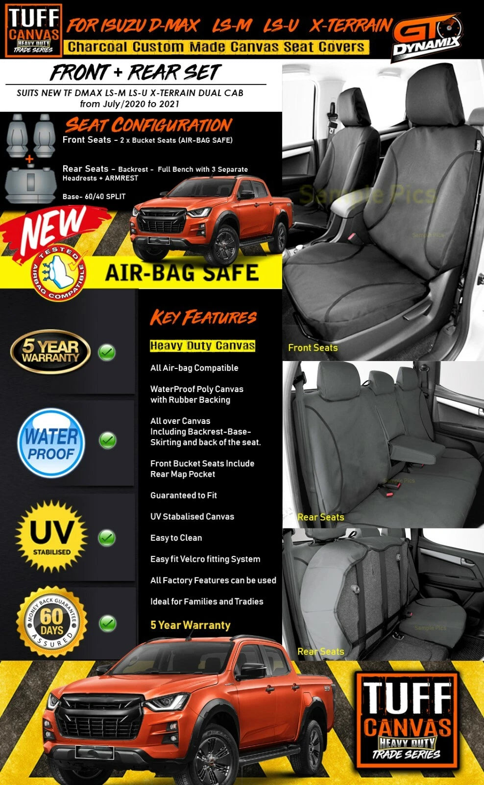 TUFF HD TRADE Canvas Seat Covers 2 Rows Isuzu DMAX TF LS-U X-Terrain 2020-2026 Charcoal