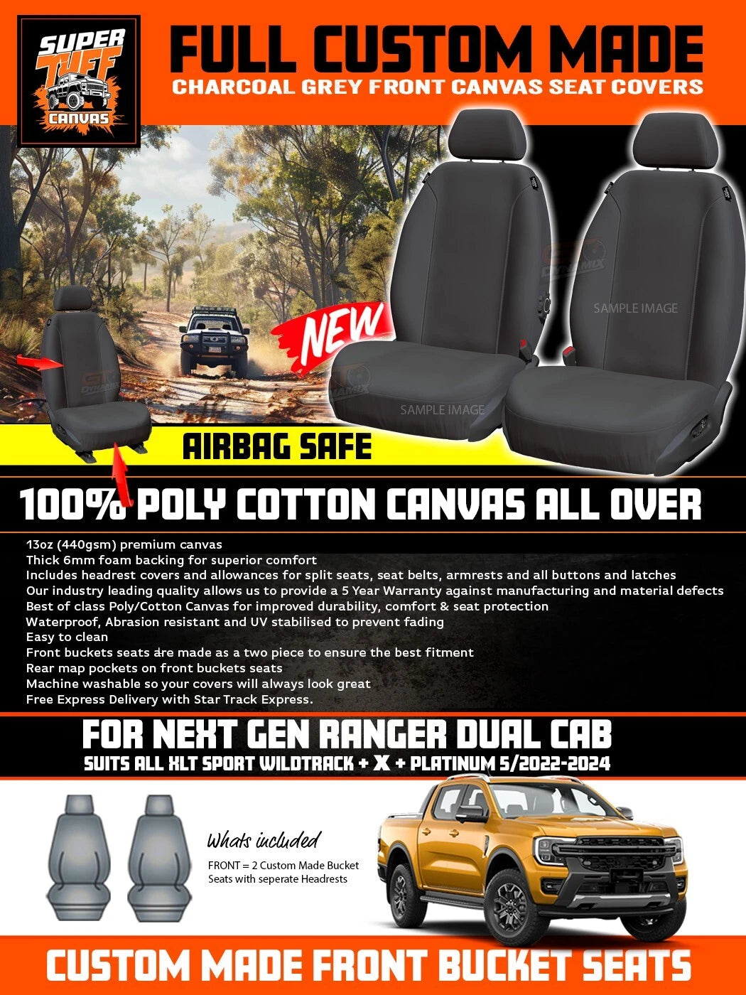SUPERTUFF Charcoal Front Canvas Seat Covers Ford NEXT GEN RANGER XLT SPORT Wildtrack 2022-2026
