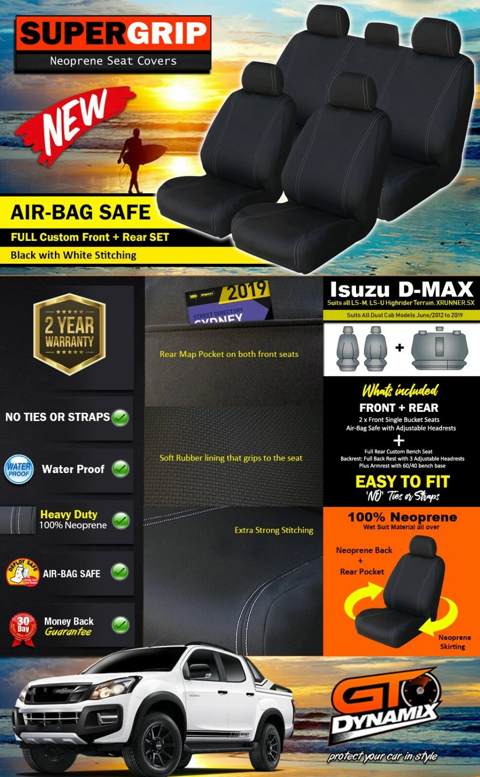 SuperGrip Neoprene Seat Covers Isuzu D-MAX Dual Cab SX LS LS-M LS-U 6/2012-6/2020