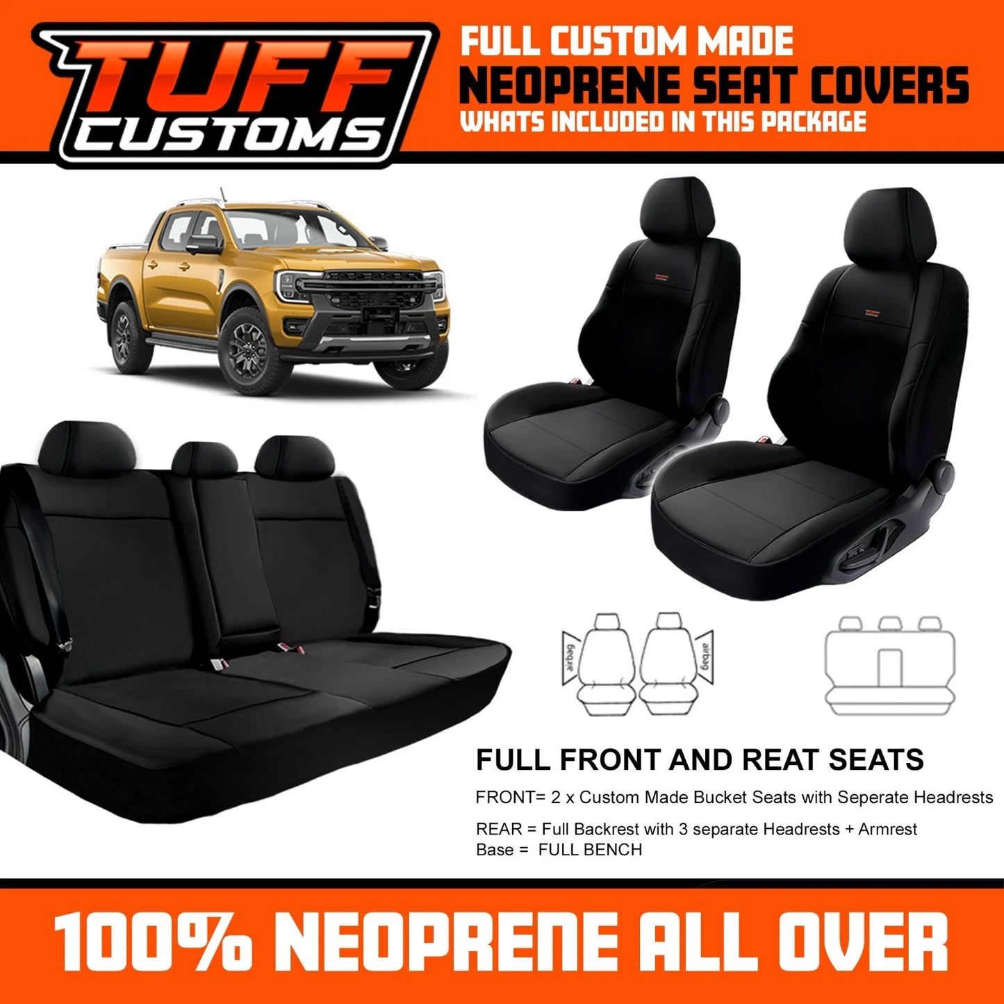 TUFF Customs Neoprene Seat Covers FORD RANGER NEXT GEN SPORT WILDTRACK 2022-2026