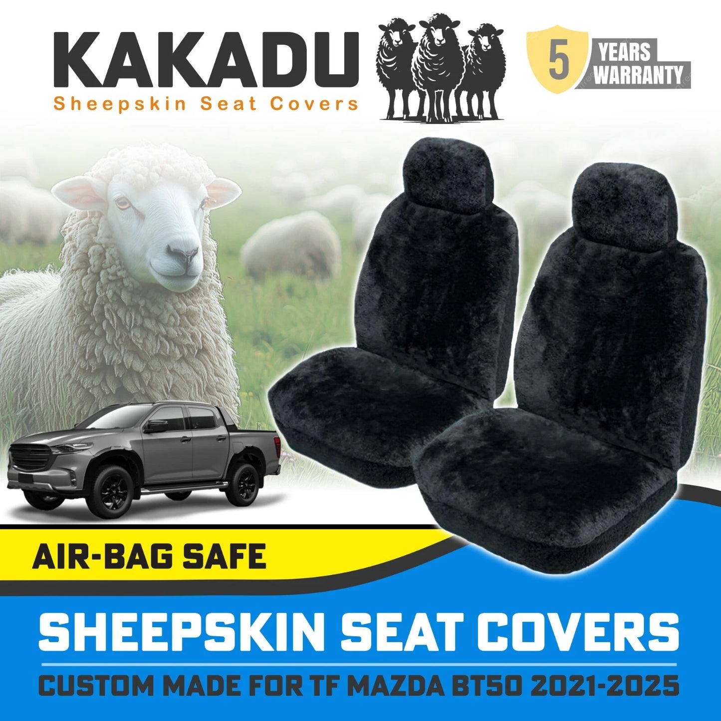 KAKADU Custom Made Sheepskin Seat Covers Mazda BT-50 TF XTR GT BT50 7/2020-2026 Black