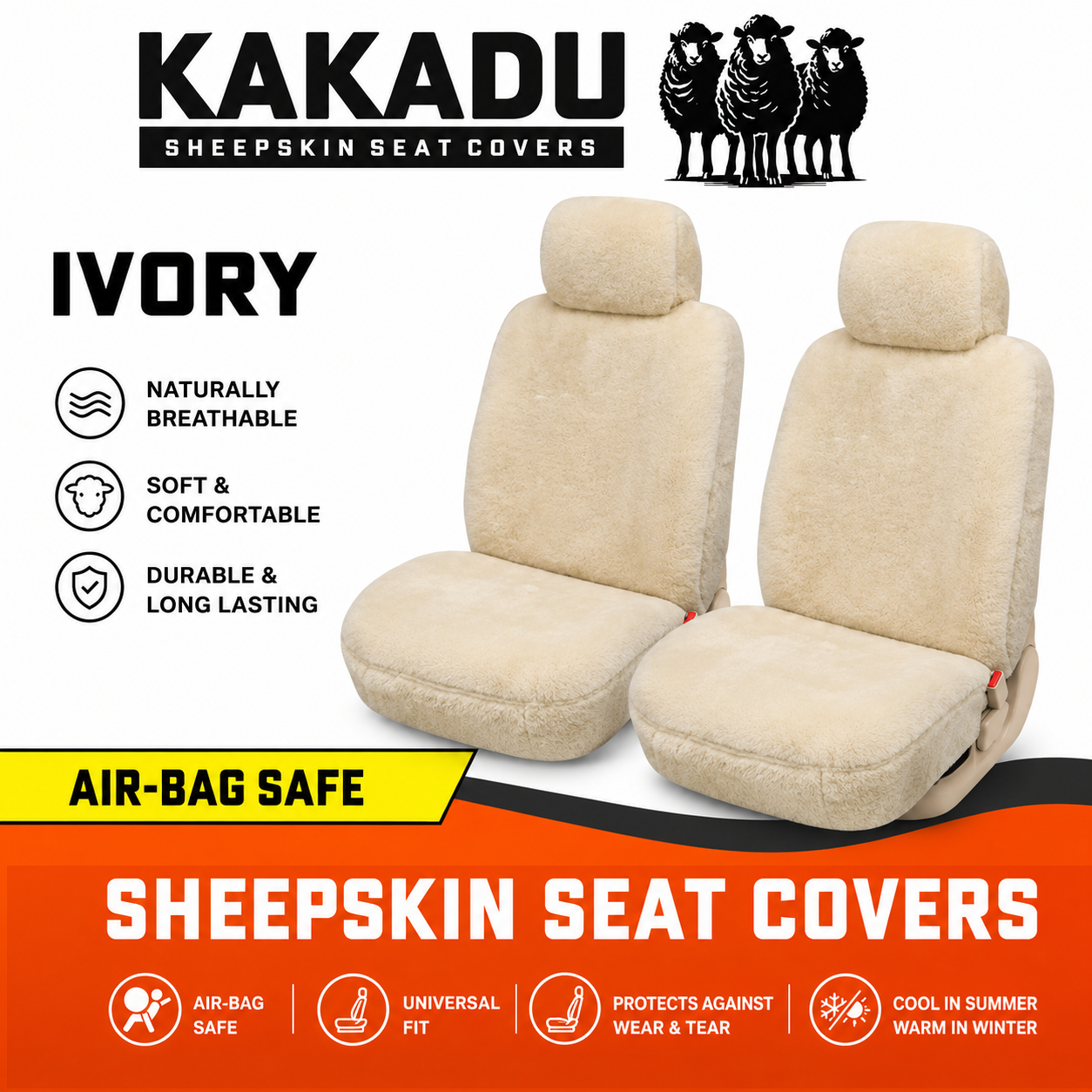 KAKADU Executive Universal Front Sheepskin Seat Covers 3 Year Warranty 21mm AIRBAG Safe 5 Colours